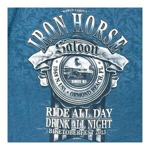 Iron Horse Saloon Blue Graphic Tee Shirt Biker Ride All Day Drink All Night READ